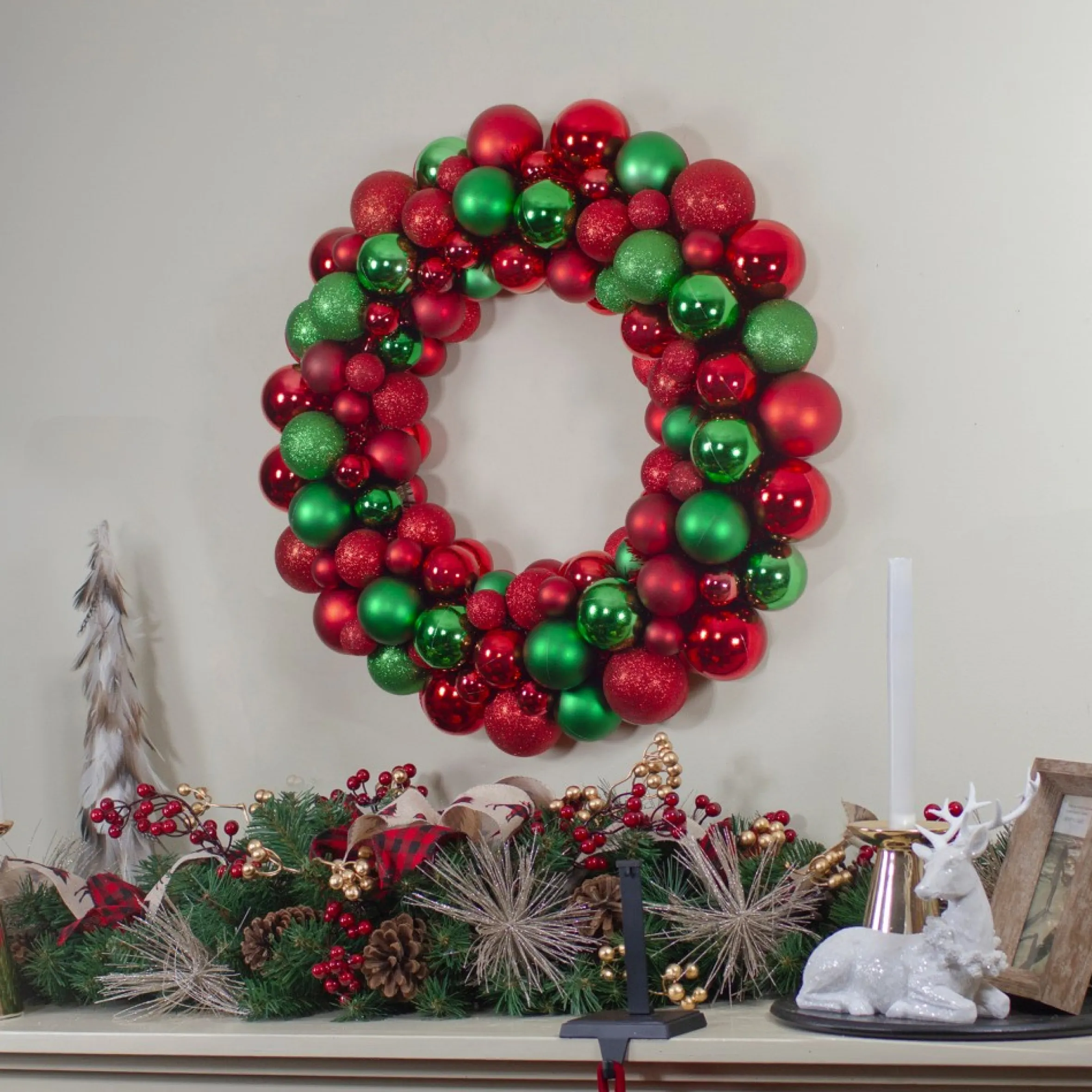 Red And Green 3-Finish Shatterproof Ball Christmas Wreath - 24-Inch, Unlit