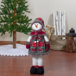 24" Red And Green Jolly Plush Girl Snowman Christmas Figure