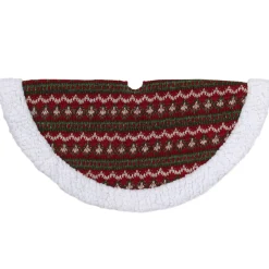20" Red And Green Lodge Knitted Mini Christmas Tree Skirt With High Pile Fleece Trim