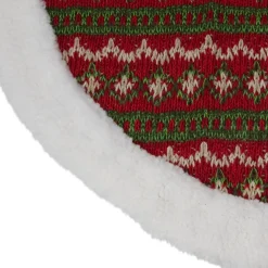 20" Red And Green Lodge Knitted Mini Christmas Tree Skirt With High Pile Fleece Trim