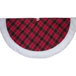 60" Red And Green Plaid Christmas Tree Skirt With White High Pile Fleece Trim