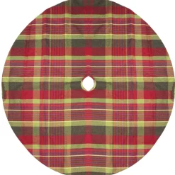 48" Red And Green Plaid Rustic Woodland Christmas Tree Skirt With Green Trim