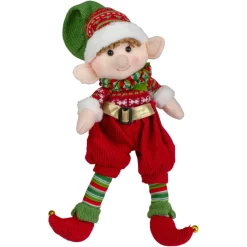 15" Red And Green Plush Jingle Bell Boy Elf Christmas Figure