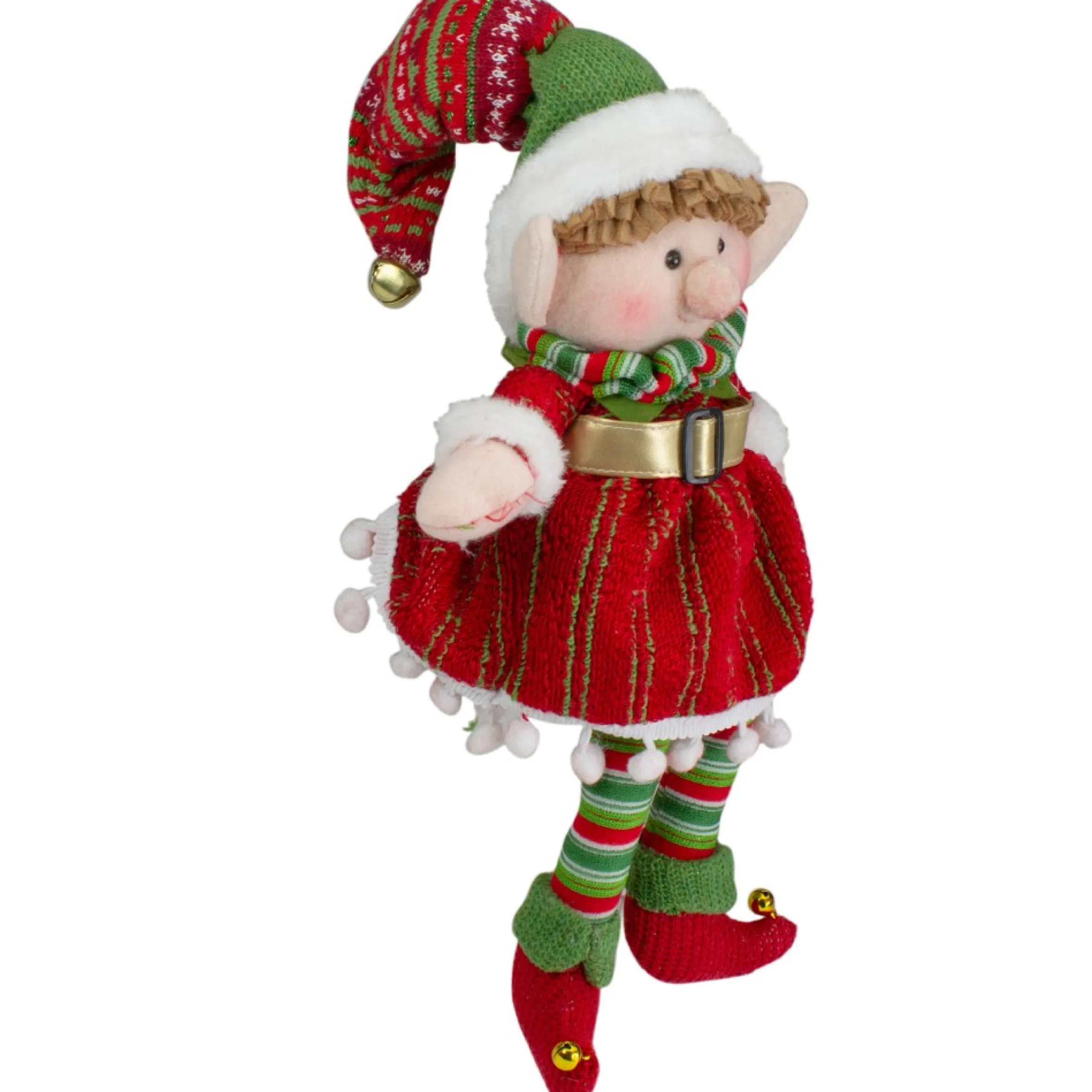 14" Red And Green Plush Jingle Bell Girl Elf Christmas Figure