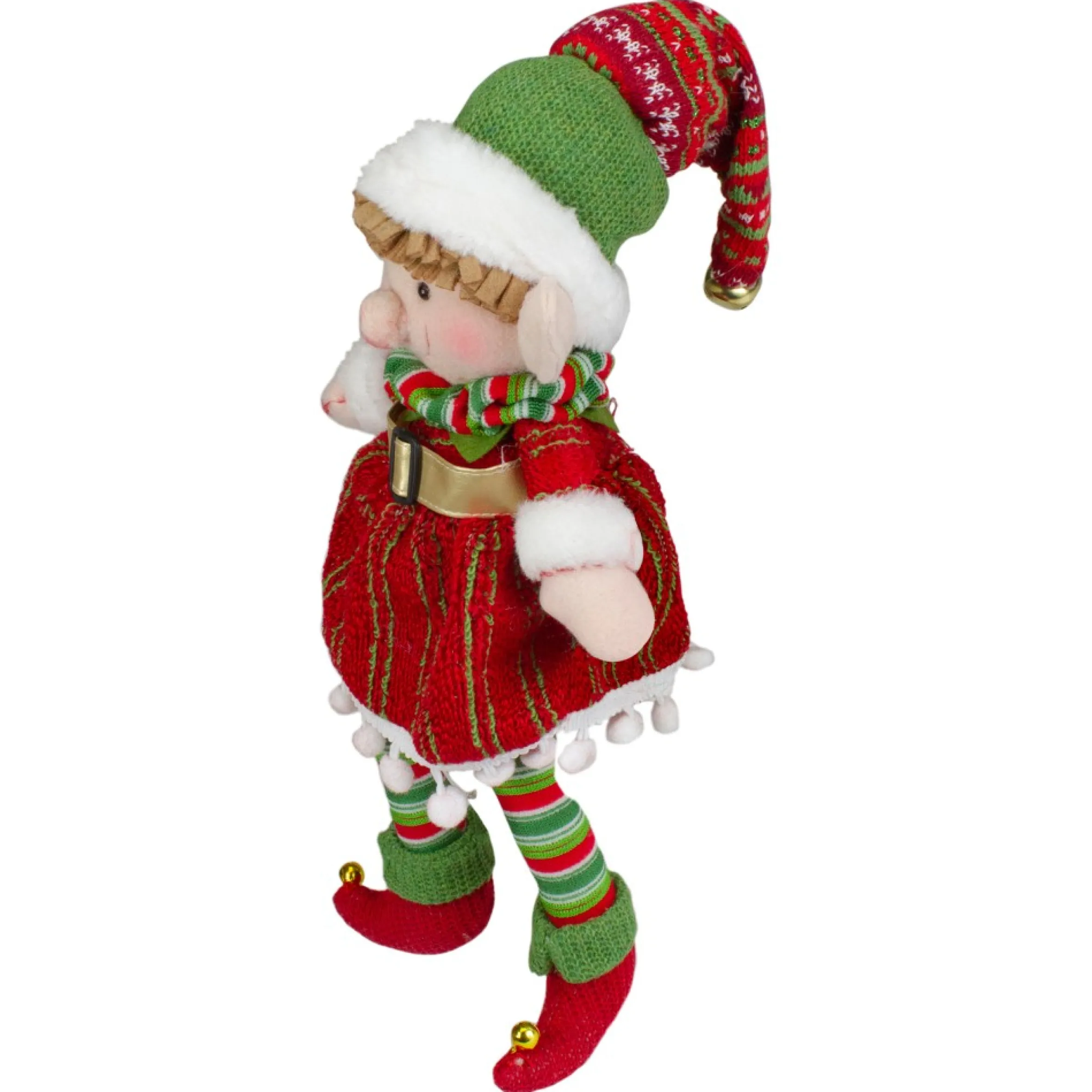 14" Red And Green Plush Jingle Bell Girl Elf Christmas Figure