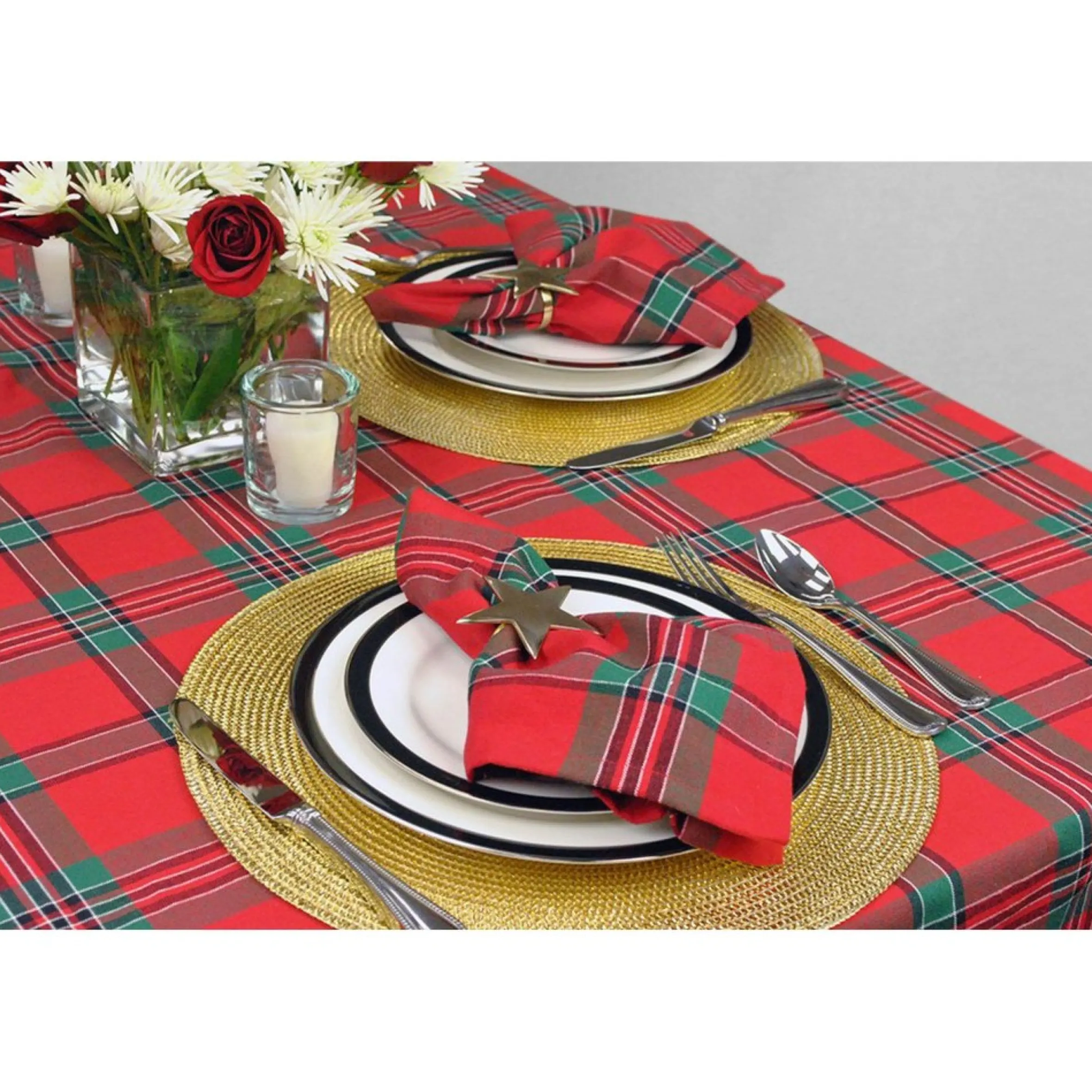 84" Red And Green Rectangular Holiday Plaid Tablecloth