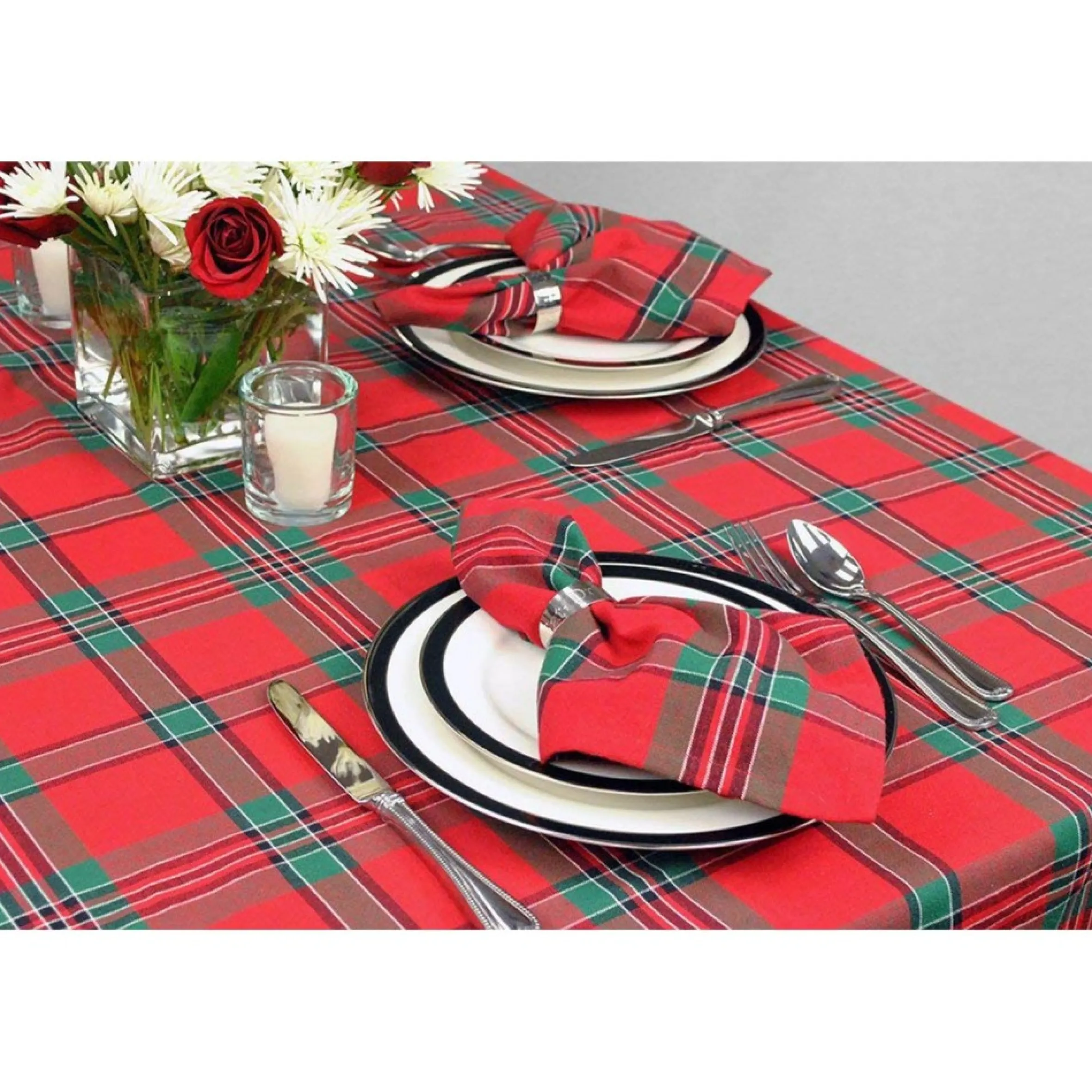 84" Red And Green Rectangular Holiday Plaid Tablecloth