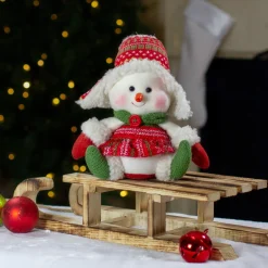 8" Red And Green Sitting Snowman Girl Christmas Figure