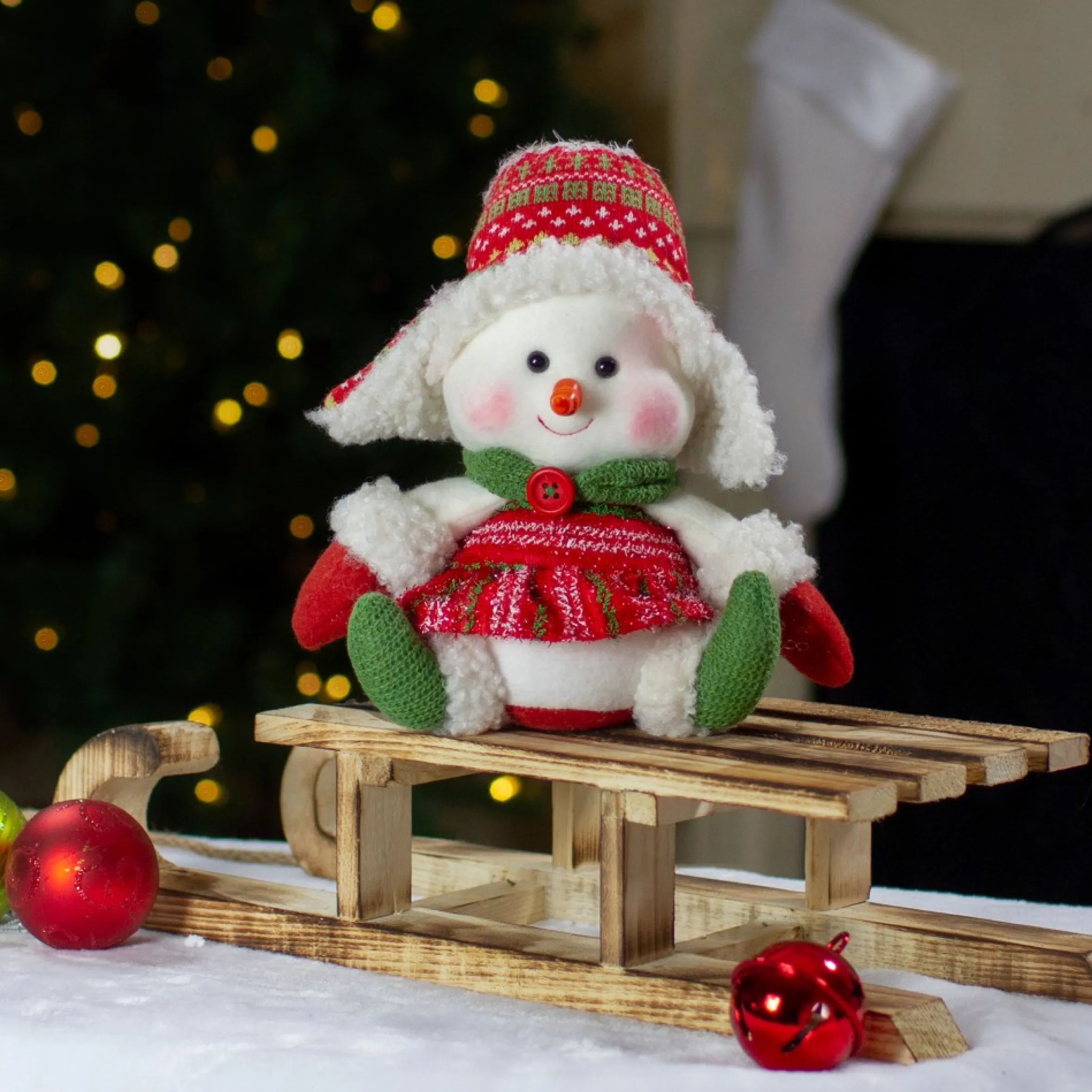 8" Red And Green Sitting Snowman Girl Christmas Figure