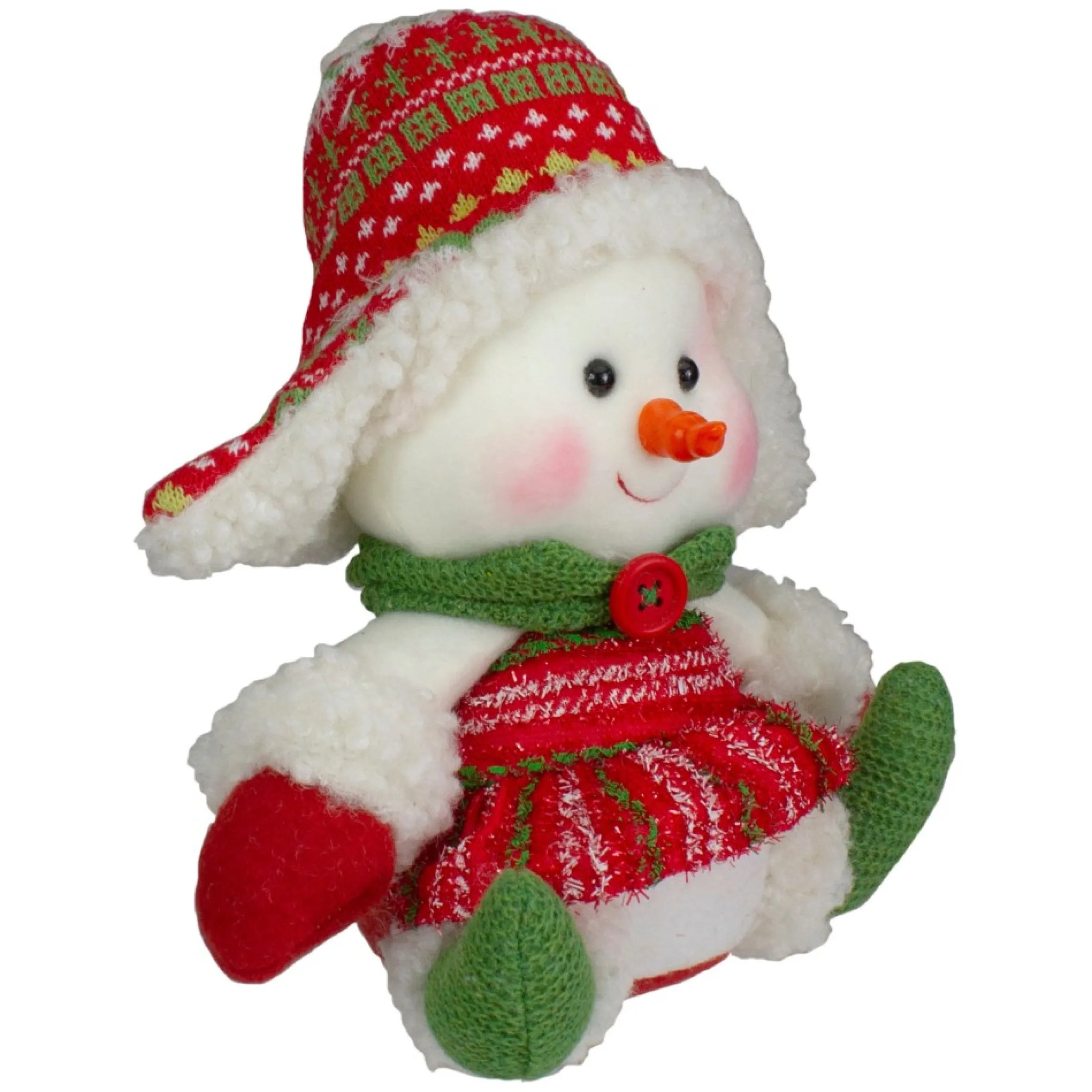 8" Red And Green Sitting Snowman Girl Christmas Figure