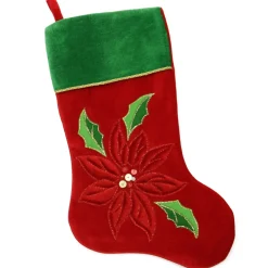 20" Red And Green Velveteen Sequined Poinsettia Christmas Stocking
