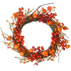 Red And Orange Fall Berry And Mini Pumpkin Artificial Thanksgiving Wreath - 20-Inch, Unlit
