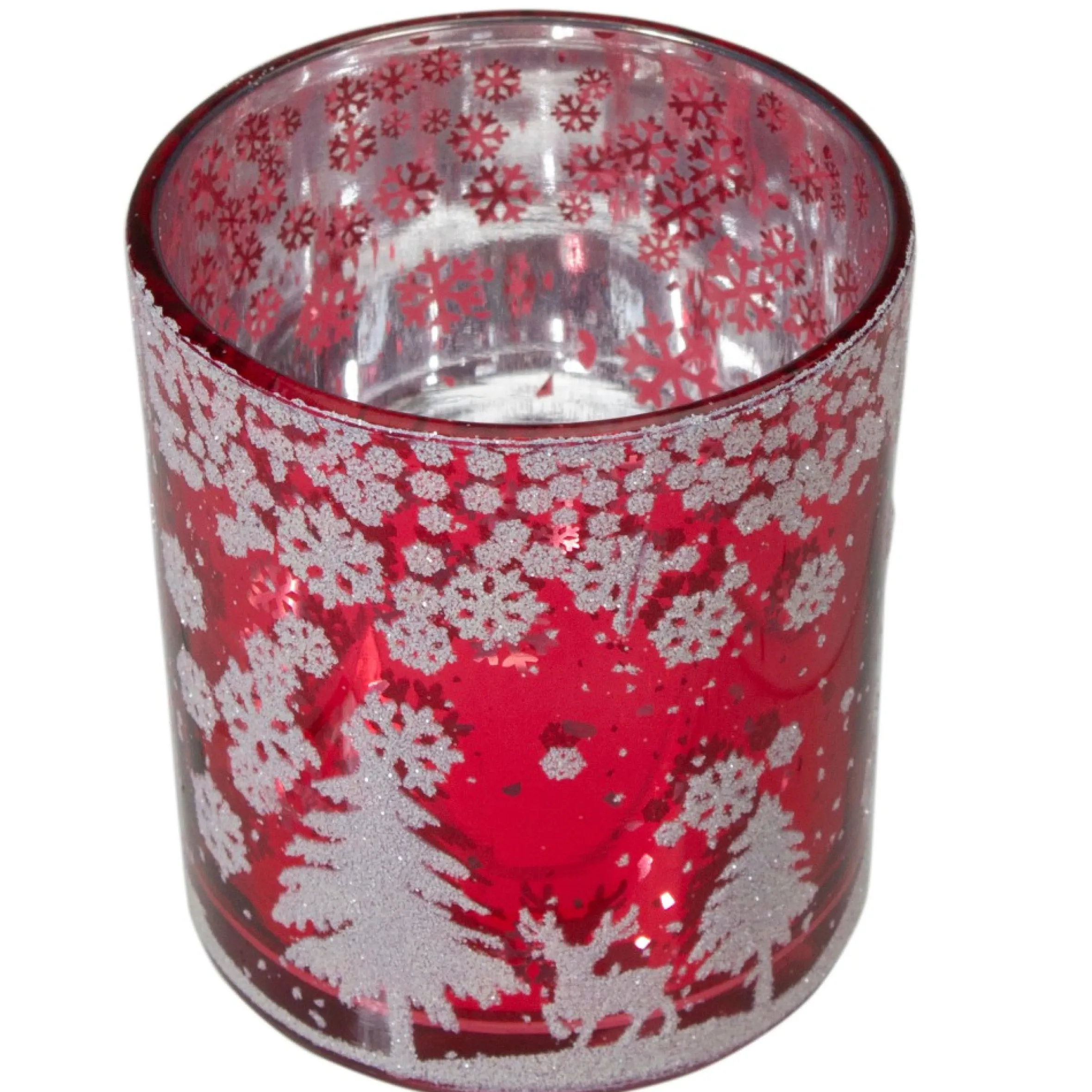 3" Red And Shiny Silver Deer In Winter Woods Flameless Glass Candle Holder