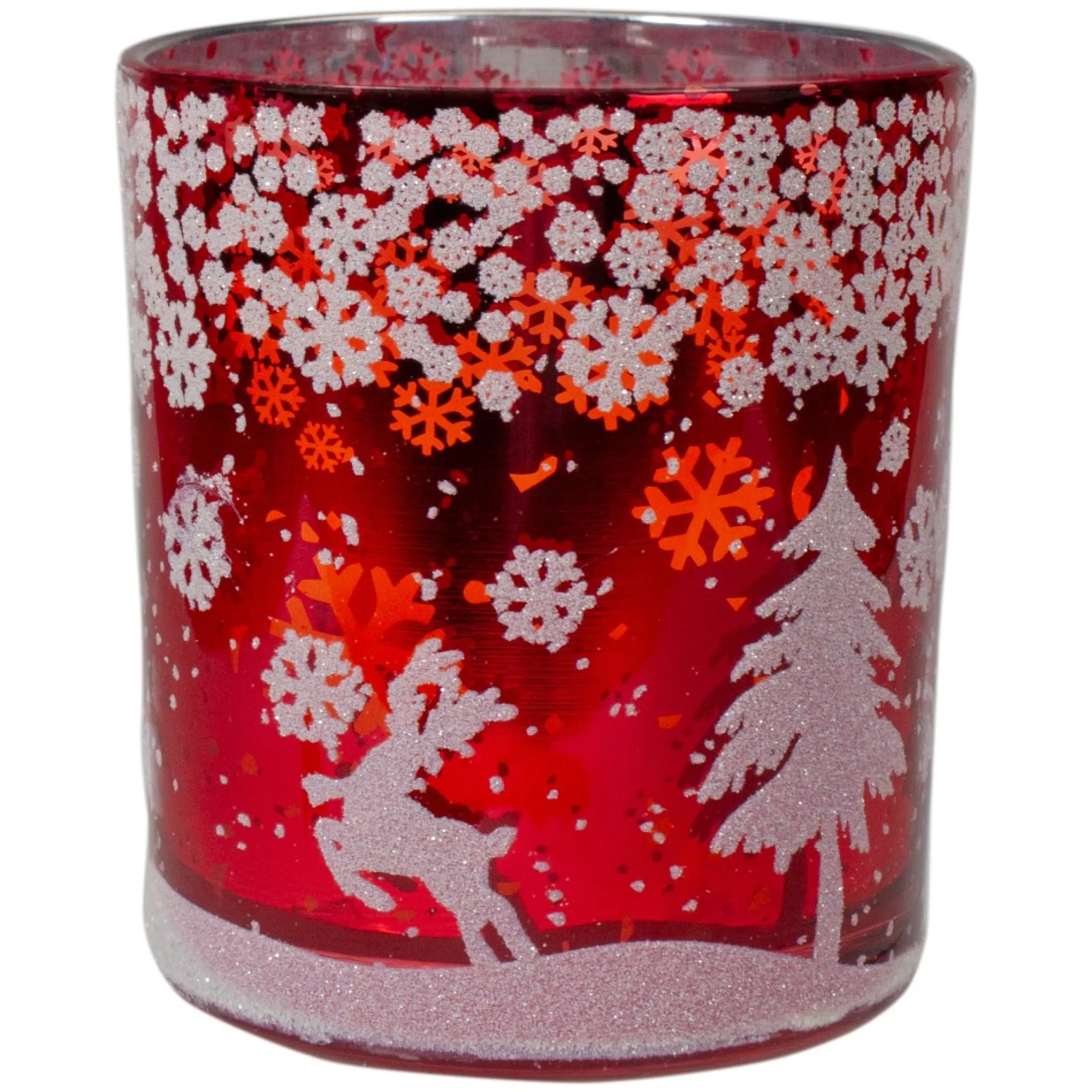3" Red And Shiny Silver Deer In Winter Woods Flameless Glass Candle Holder