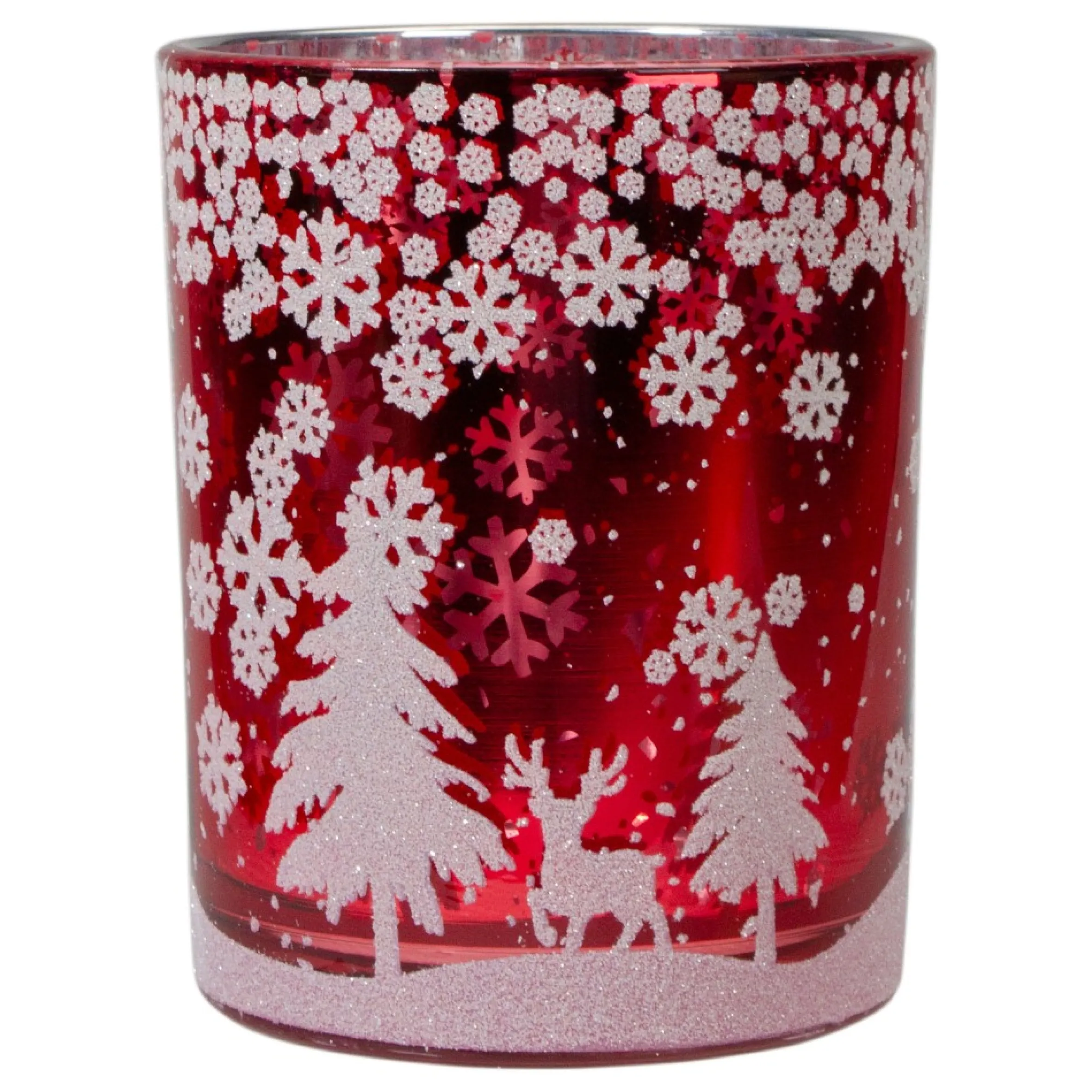 5" Red And Shiny Silver Deer In Winter Woods Flameless Candle Holder