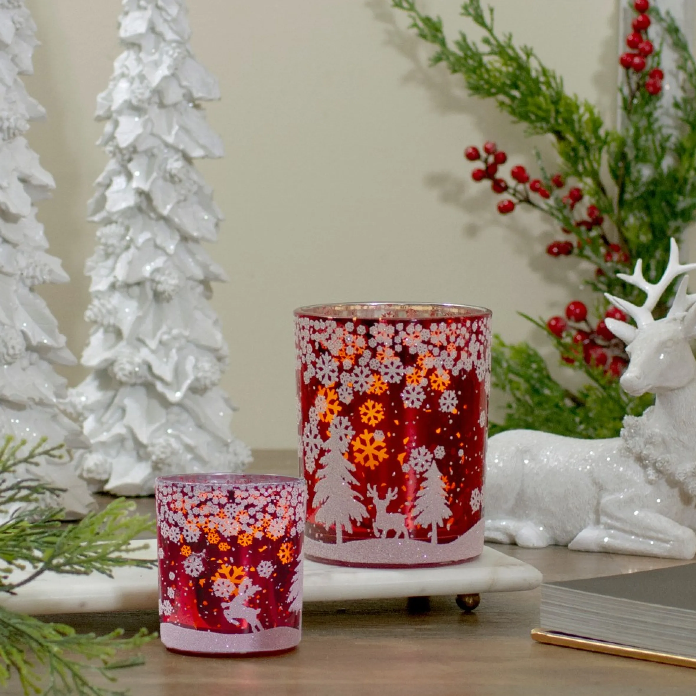 5" Red And Shiny Silver Deer In Winter Woods Flameless Candle Holder