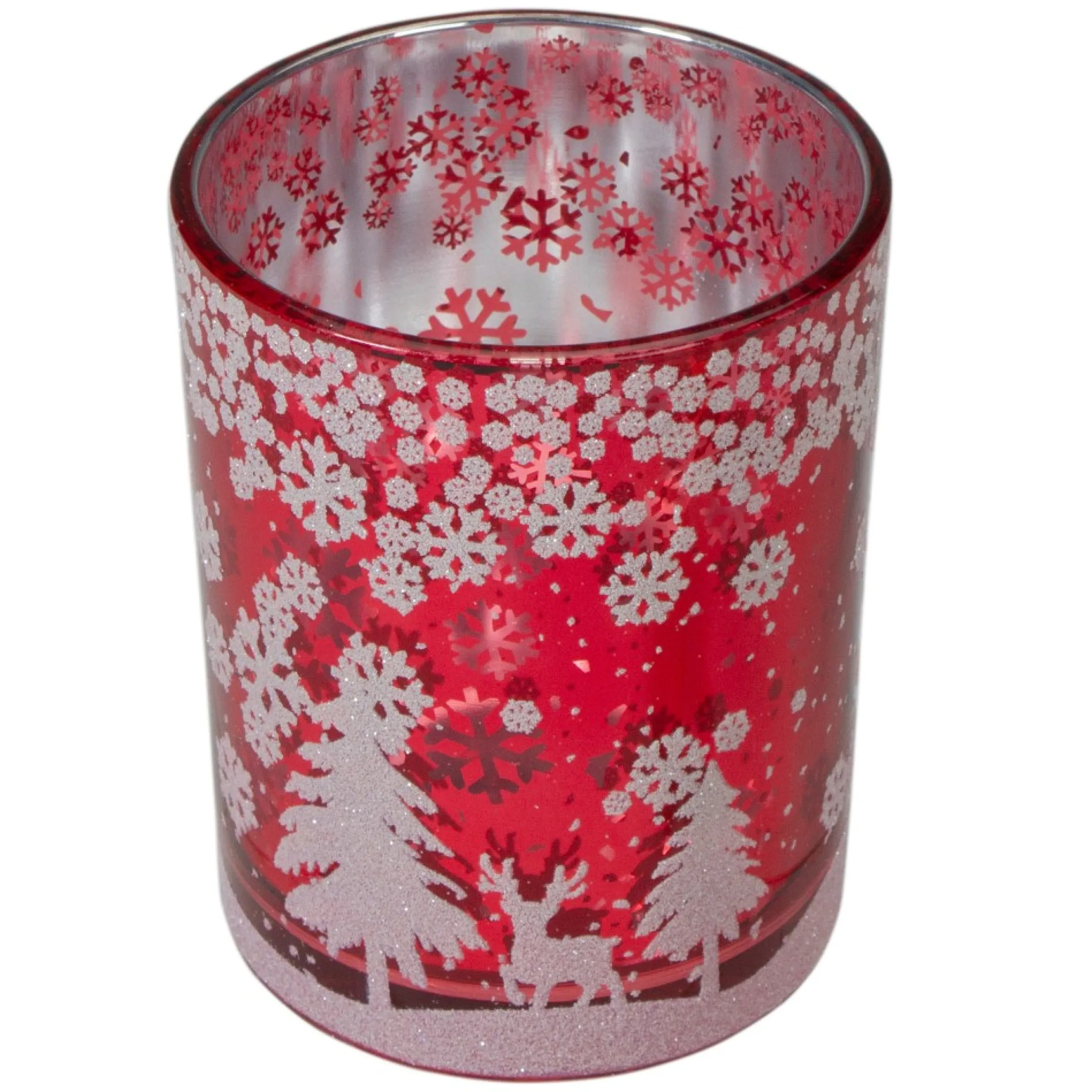 5" Red And Shiny Silver Deer In Winter Woods Flameless Candle Holder