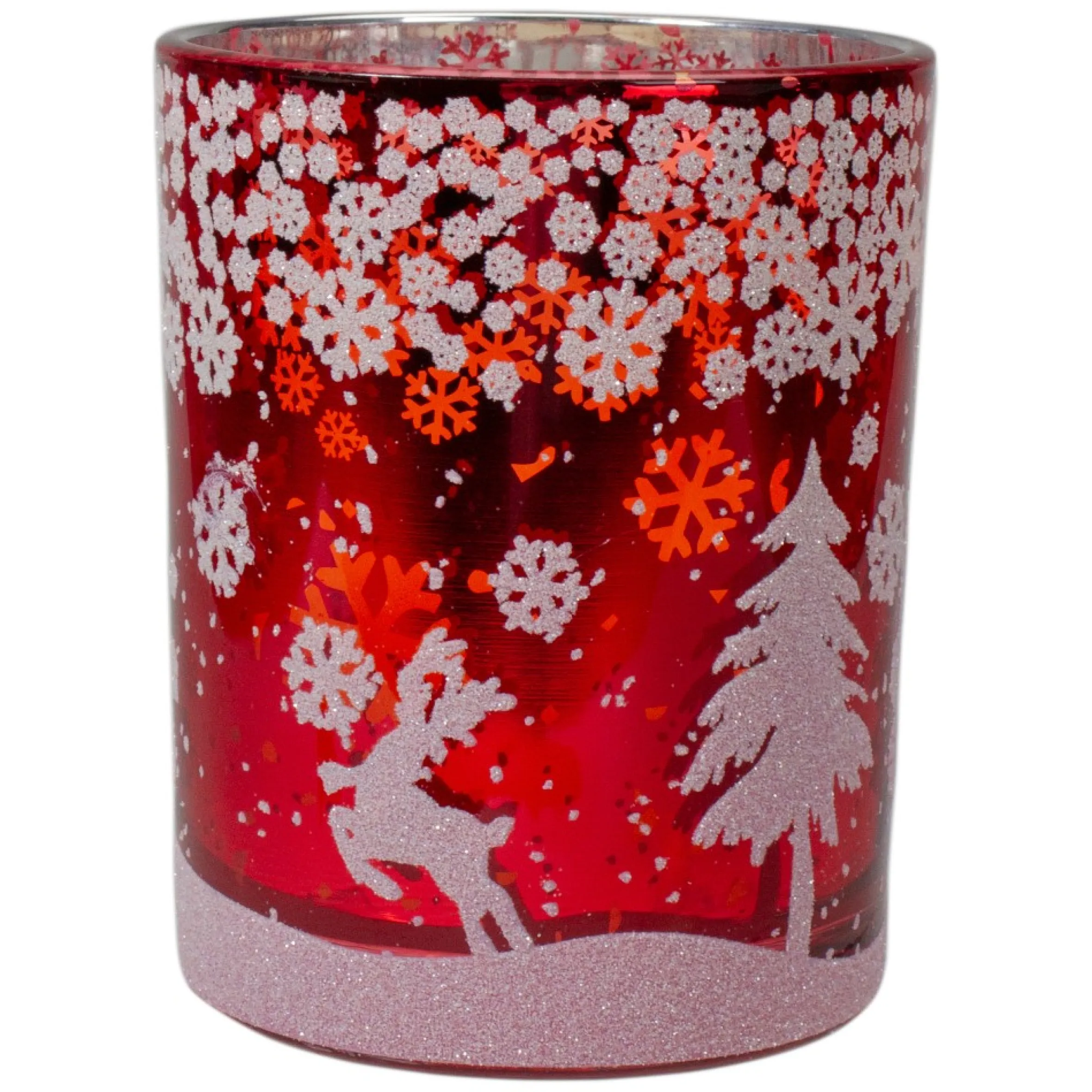 5" Red And Shiny Silver Deer In Winter Woods Flameless Candle Holder