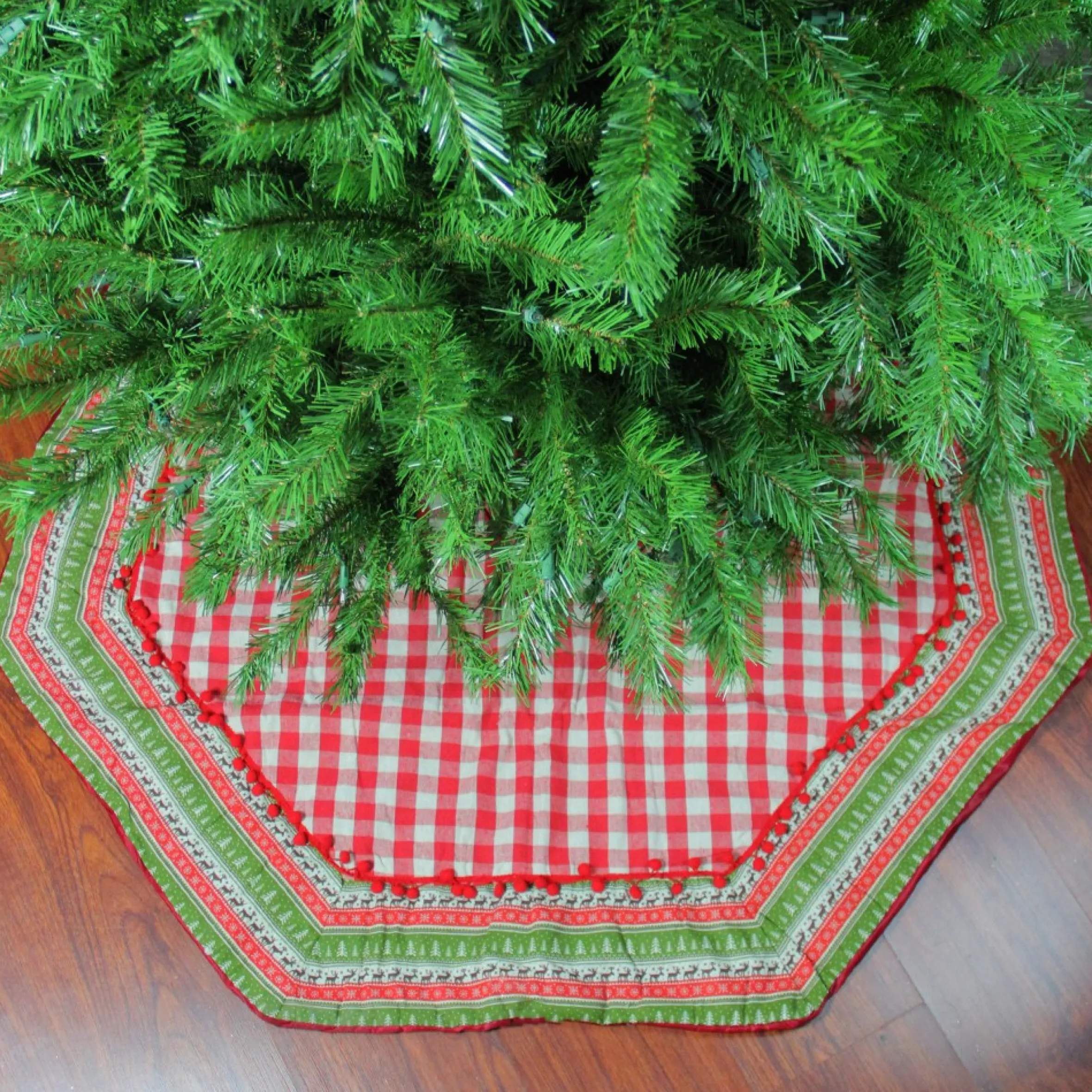 50" Red And White Buffalo Plaid Christmas Tree Skirt With Woodland Fair Isle Trim