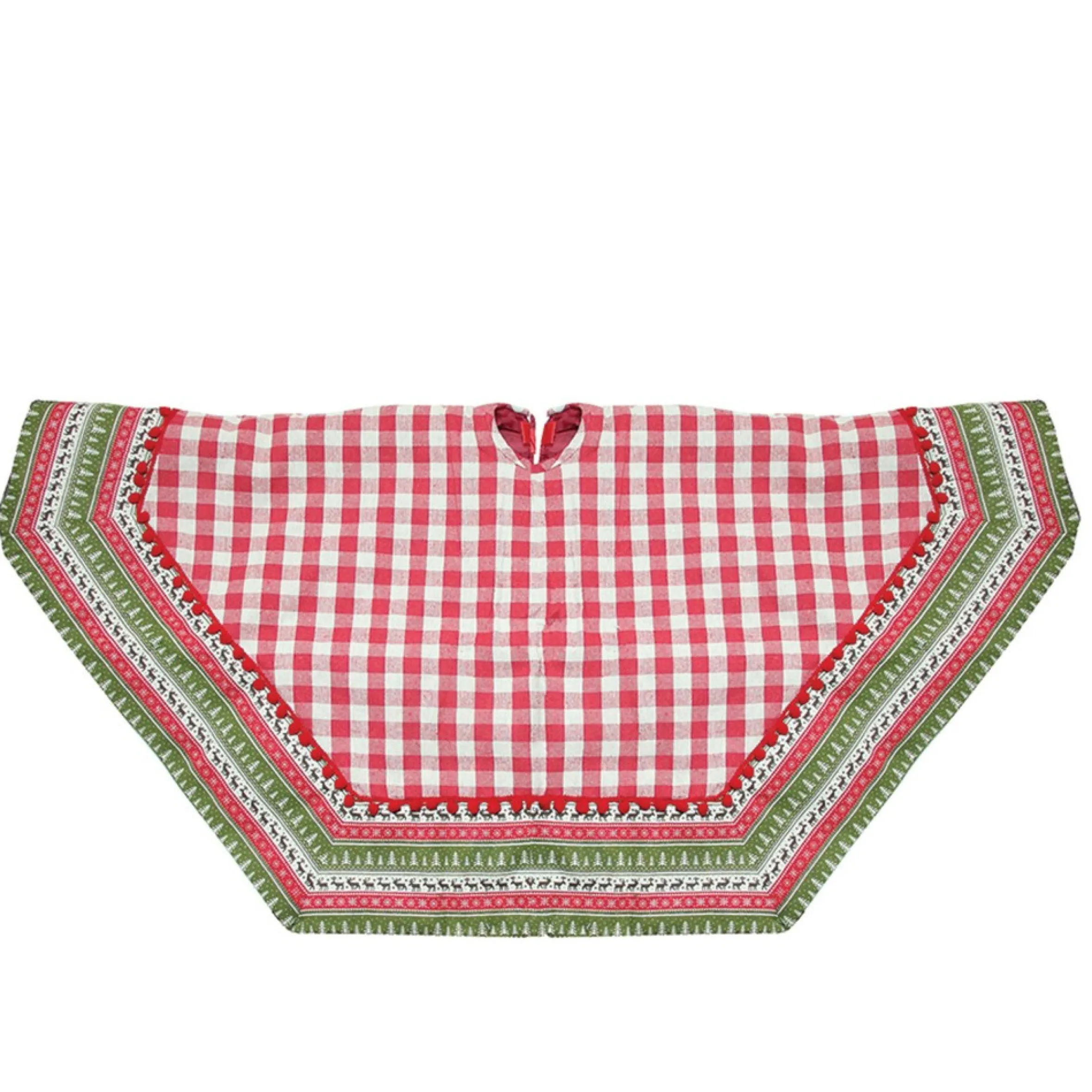 50" Red And White Buffalo Plaid Christmas Tree Skirt With Woodland Fair Isle Trim