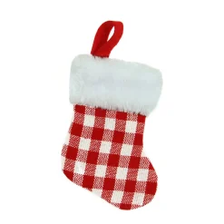 7" Red And White Buffalo Plaid Mini Christmas Stocking With Faux Fur Cuff