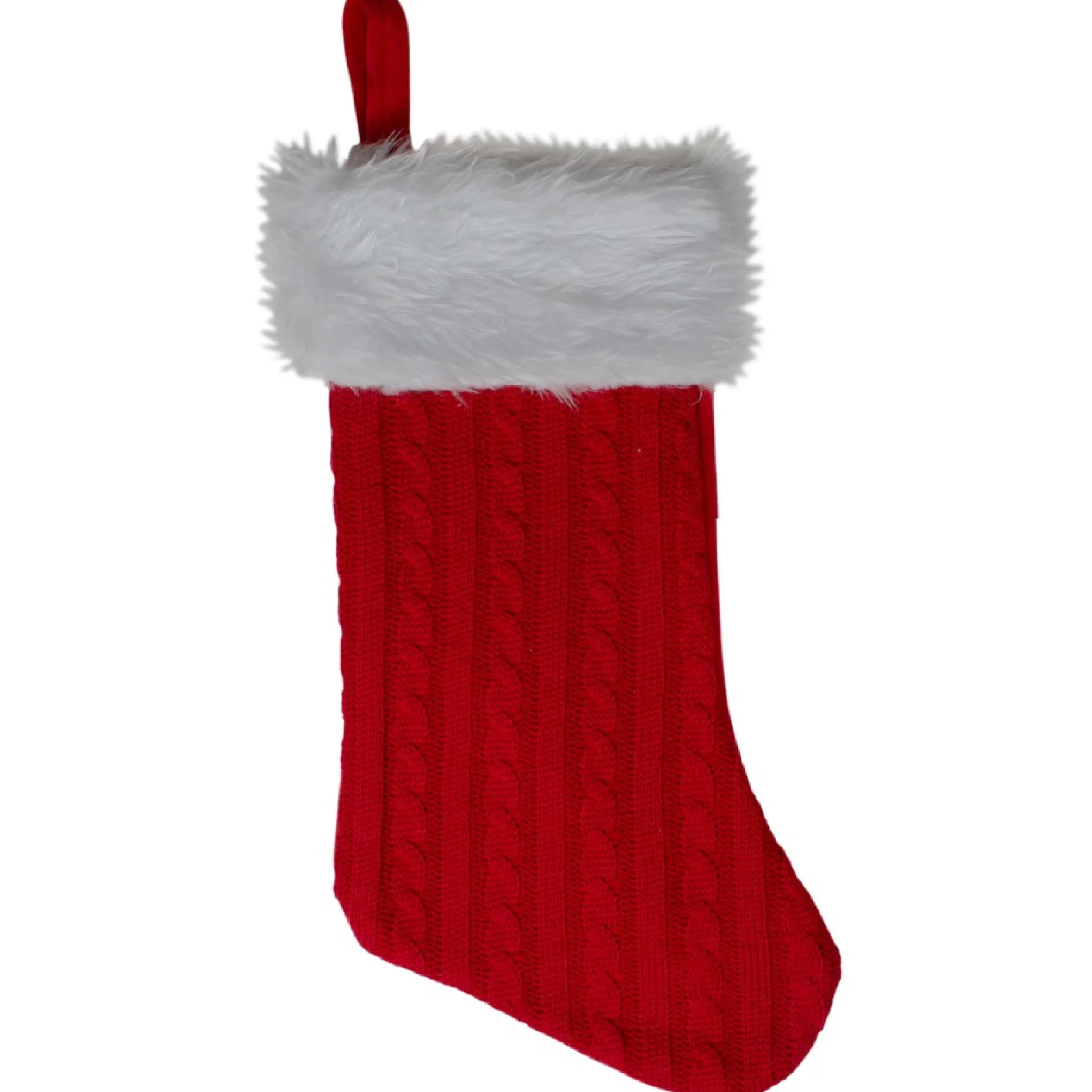 19" Red And White Cable Knit Christmas Stocking With Fur Cuff