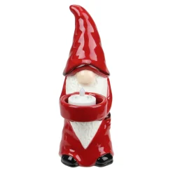 8.25" Red And White Ceramic Christmas Gnome Tealight Candle Holder