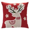16.25" Red And White Embroidered Reindeer Square Christmas Throw Pillow