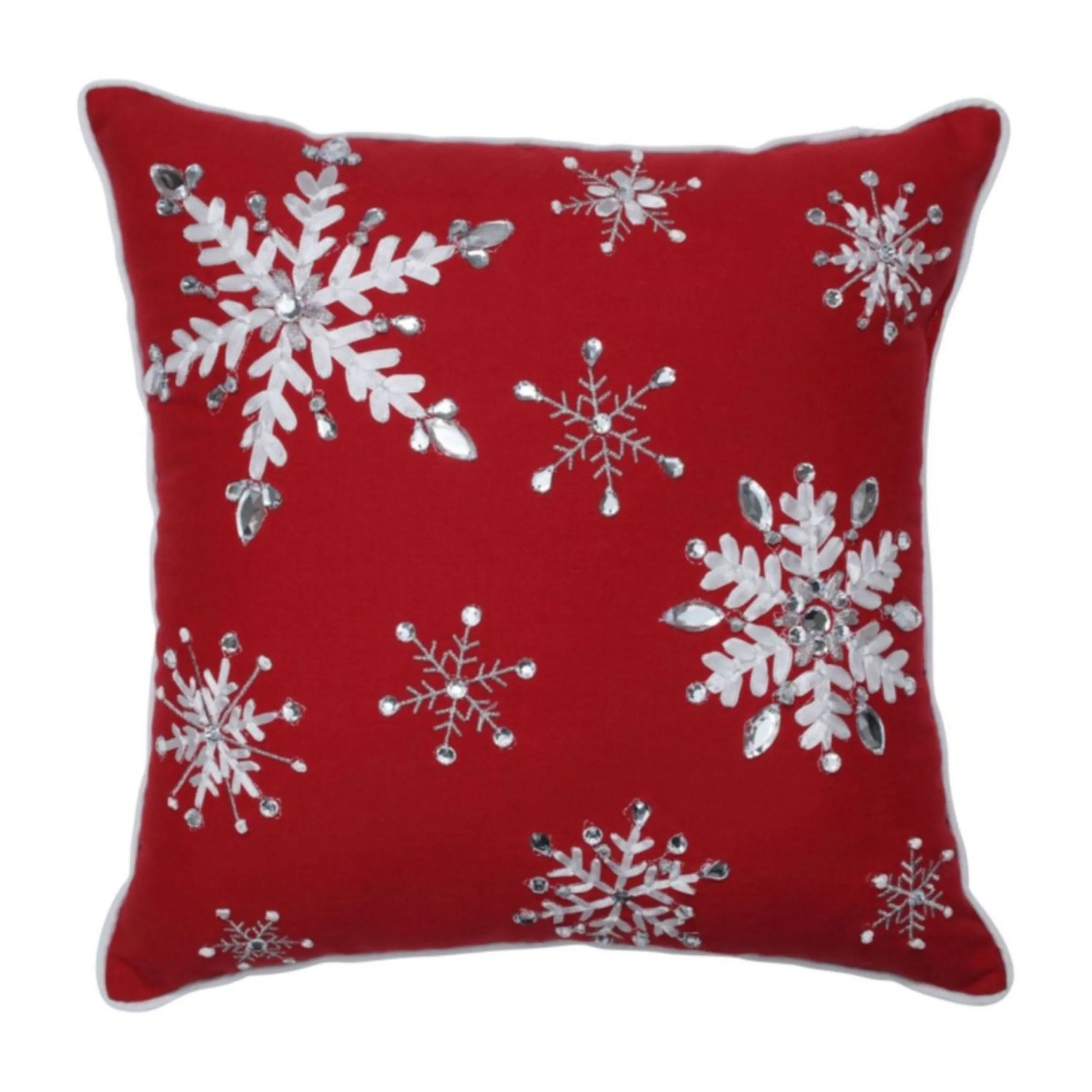 16.5" Red And White Embroidered Snowflakes Square Throw Pillow