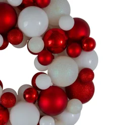Red And White 3-Finish Shatterproof Ball Christmas Wreath, 13-Inch