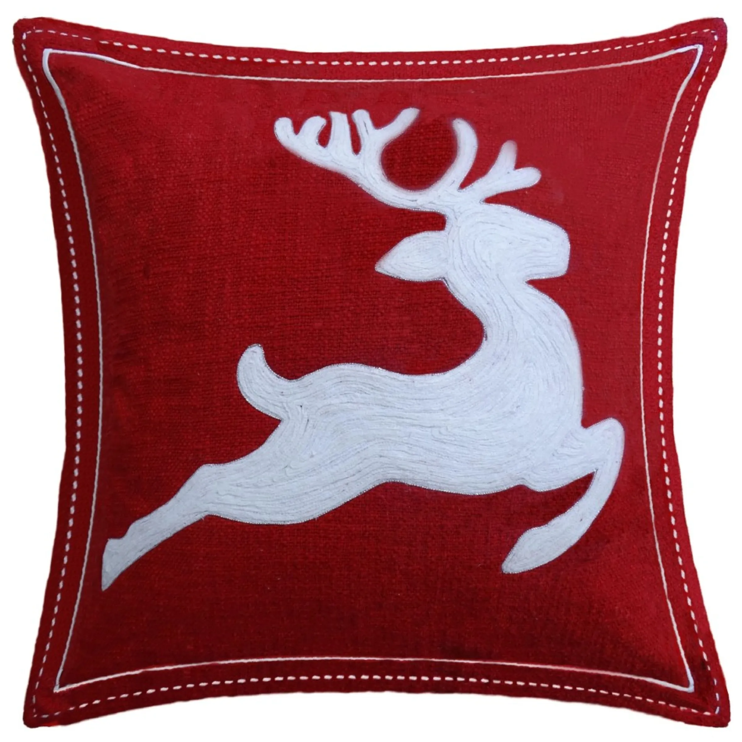20" Red And White Handloomed Christmas Throw Pillow With Reindeer