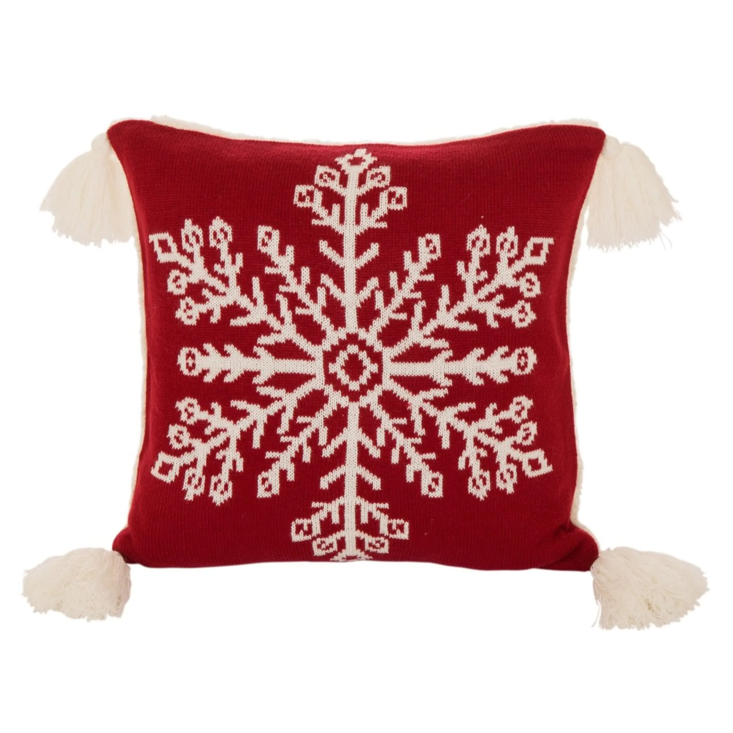 18" Red And White Knit Snowflake Christmas Pillow Cover With Tassels