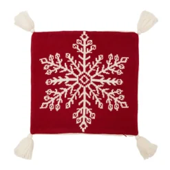18" Red And White Knit Snowflake Christmas Pillow Cover With Tassels