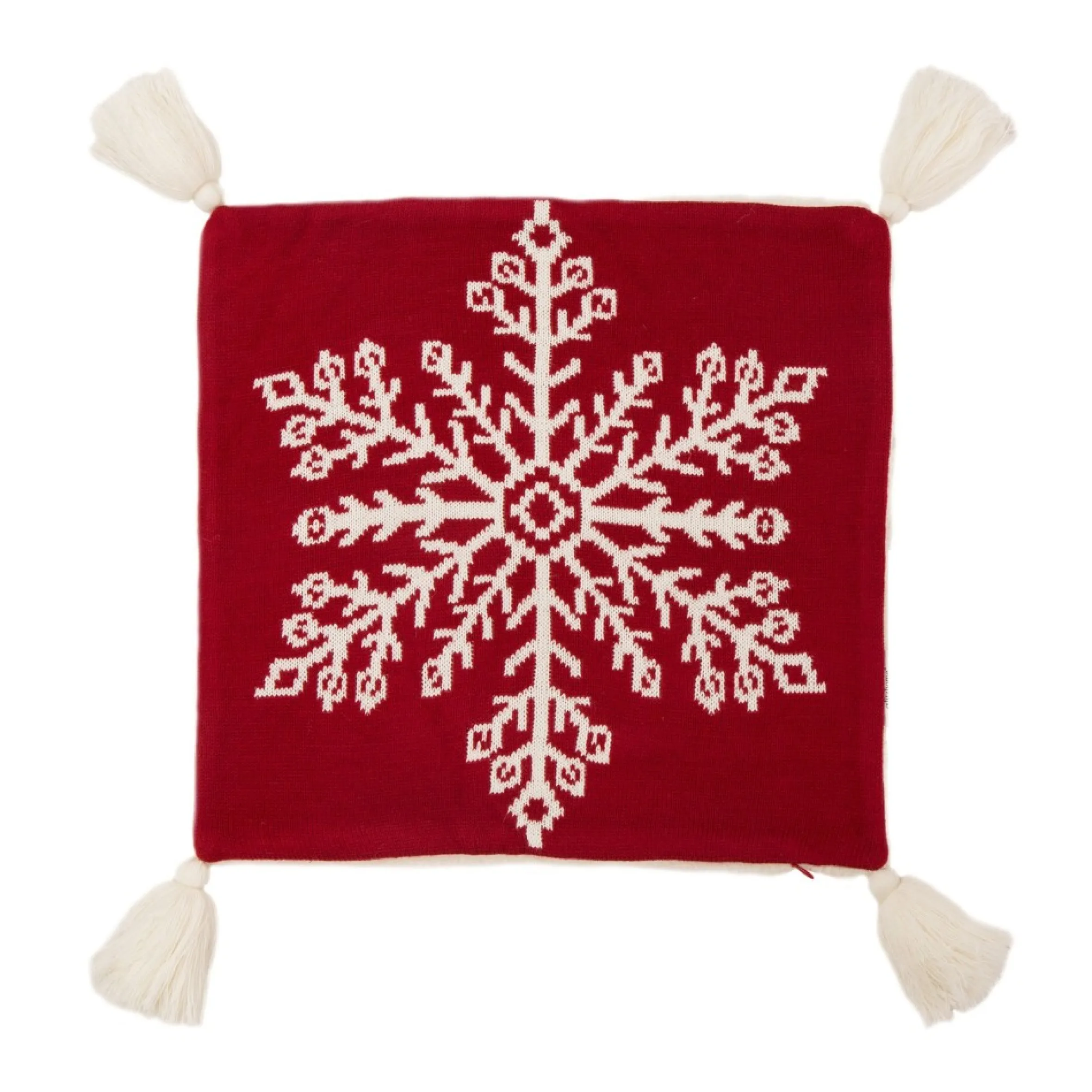 18" Red And White Knit Snowflake Christmas Pillow Cover With Tassels