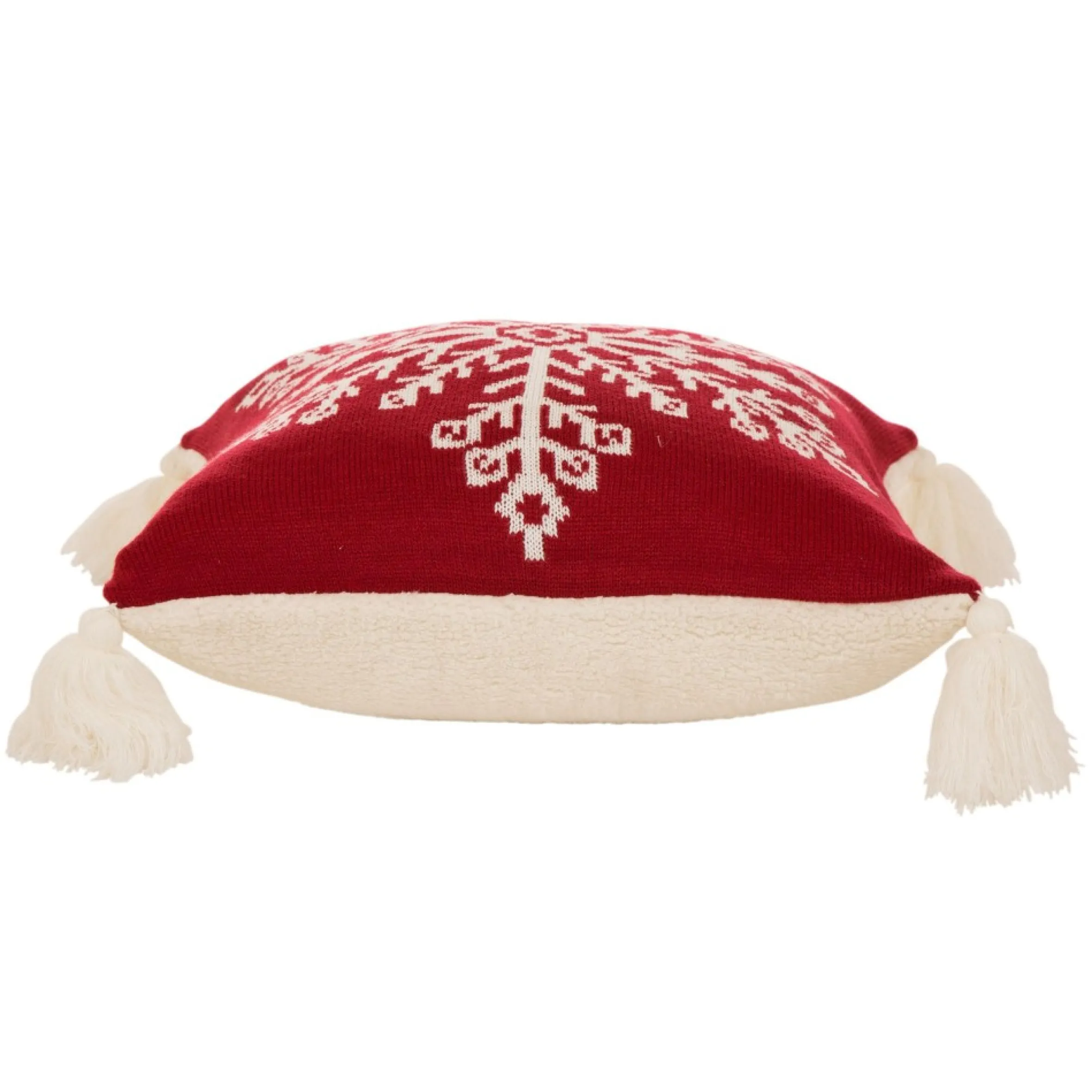18" Red And White Knit Snowflake Christmas Pillow Cover With Tassels