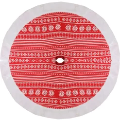 48" Red And White Knitted Snowflake Christmas Tree Skirt With Faux Fur Trim
