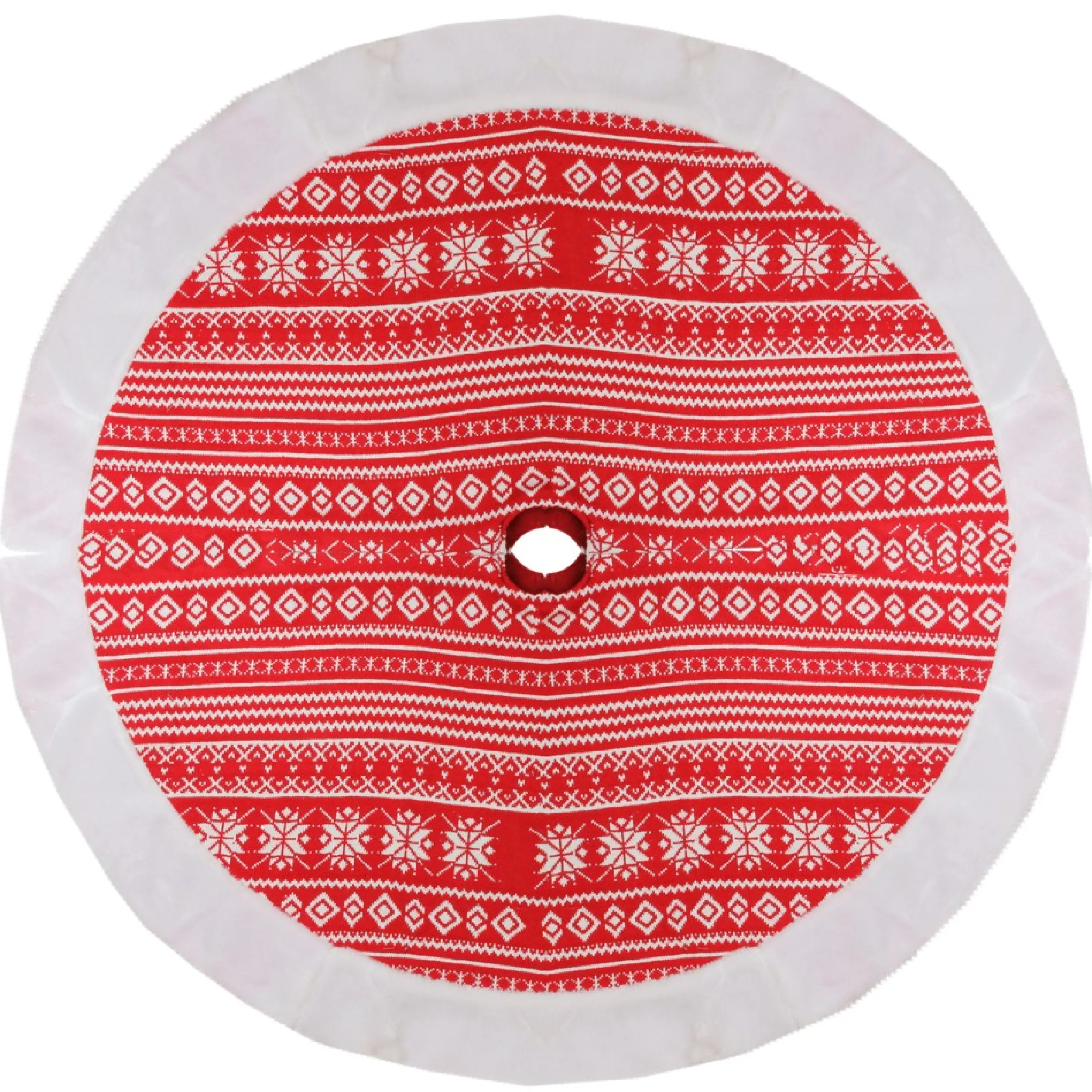 48" Red And White Knitted Snowflake Christmas Tree Skirt With Faux Fur Trim