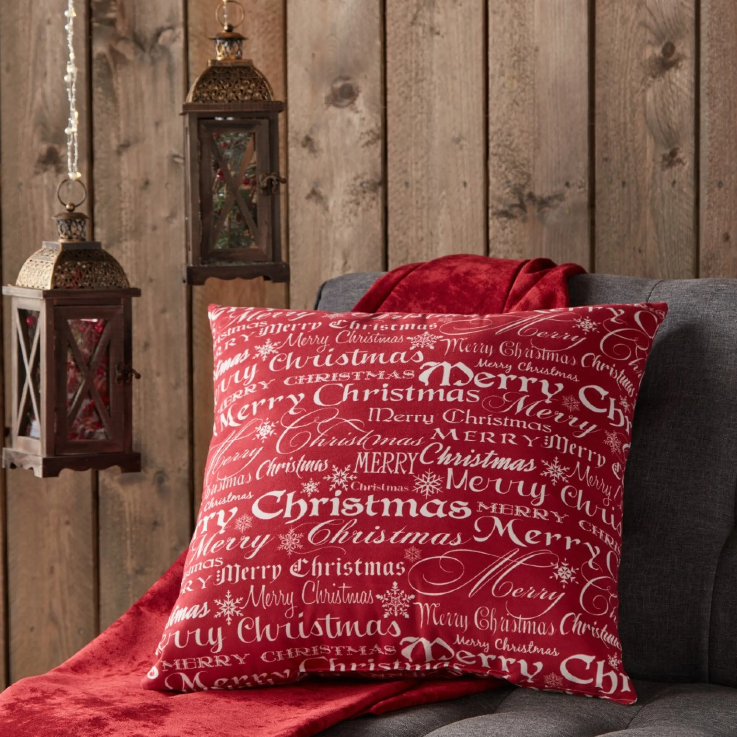 18" Red And White Merry Christmas Square Throw Pillow