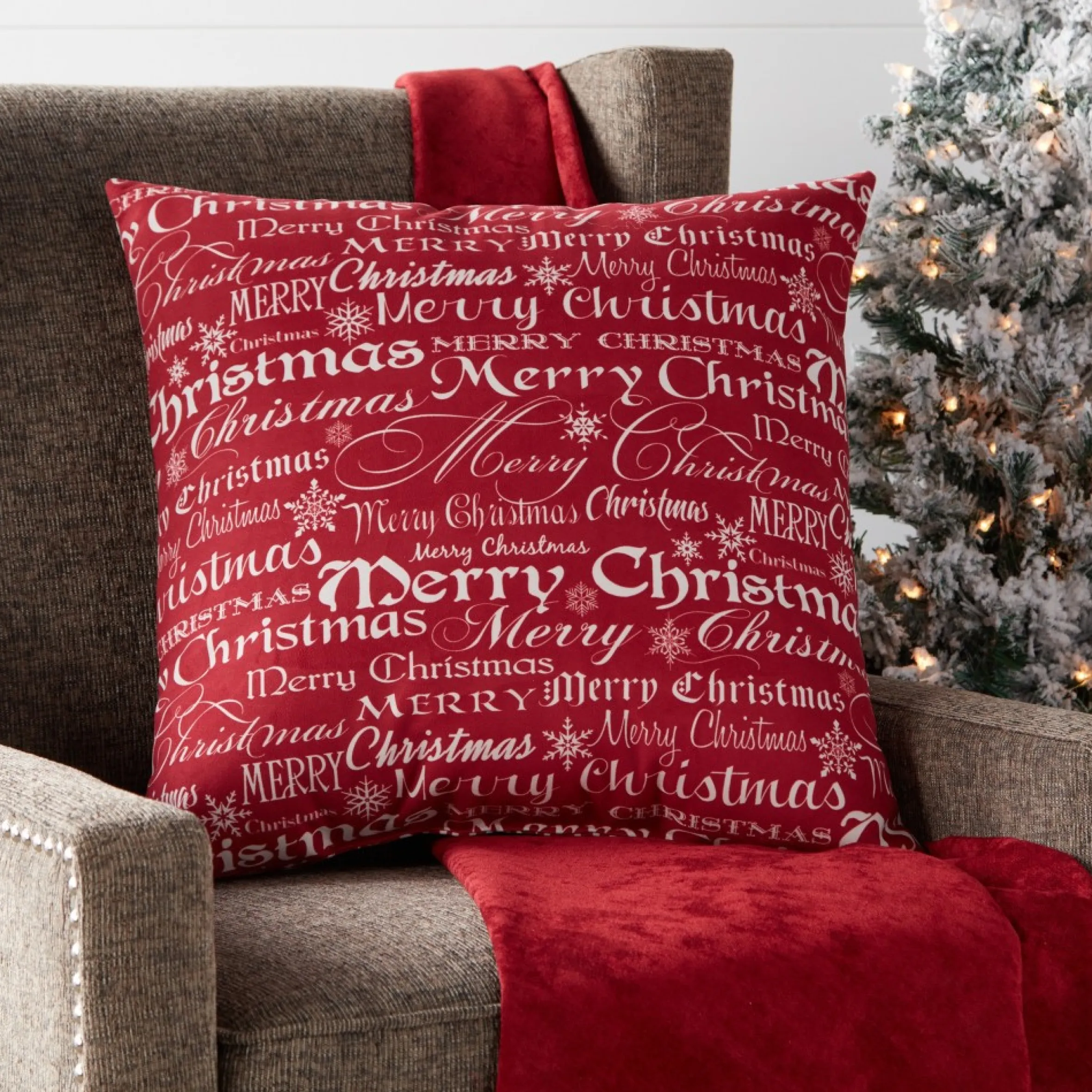 18" Red And White Merry Christmas Square Throw Pillow