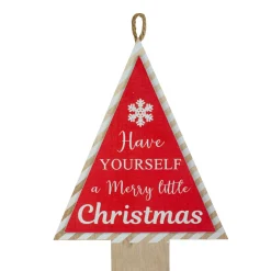 16" Red And White Merry Little Christmas Tree Wooden Hanging Wall Sign