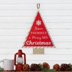 16" Red And White Merry Little Christmas Tree Wooden Hanging Wall Sign