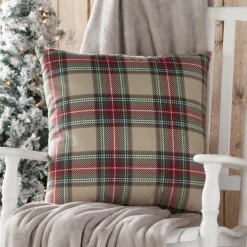 18" Red And White Plaid Christmas Square Throw Pillow