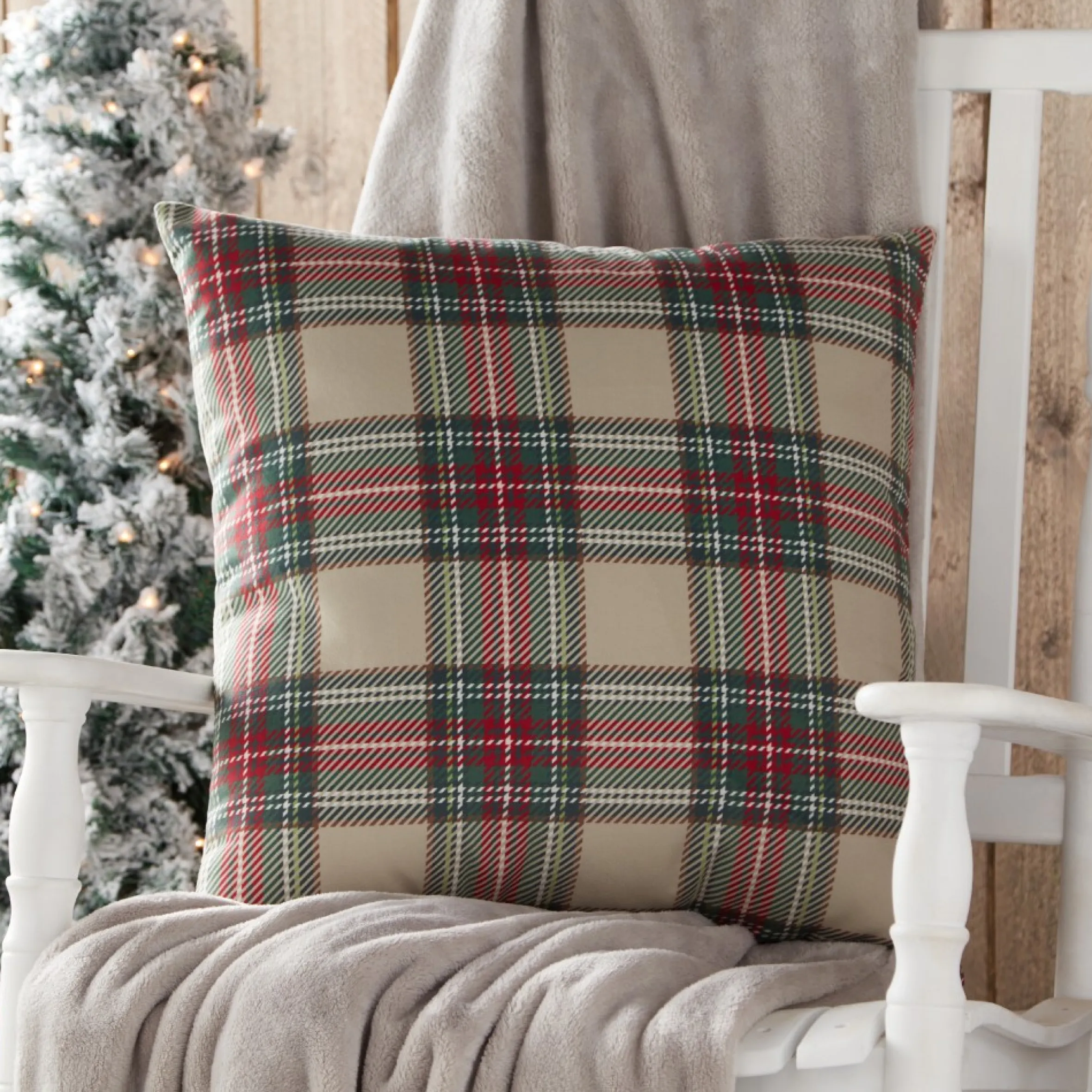 18" Red And White Plaid Christmas Square Throw Pillow