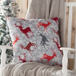 18" Red And White Reindeer Christmas Square Throw Pillow