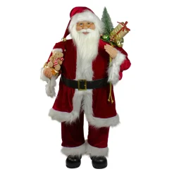 36" Red And White Santa Claus Christmas Figure With Teddy Bear And Gift Bag
