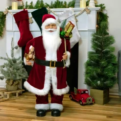 36" Red And White Santa Claus Christmas Figure With Teddy Bear And Gift Bag