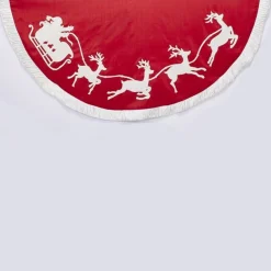 50" Red And White Santa Sleigh With Four Prancing Reindeer Embroidered Tree Skirt