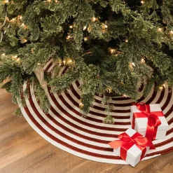 50" Red And White Woven Candy Cane Round Christmas Tree Skirt
