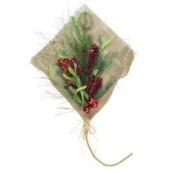 32" Red Berries With Green Accents Holiday Bouquet Wrapped In Burlap Christmas Decor