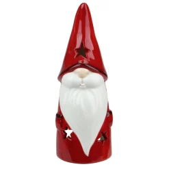 8.25 Red Ceramic Christmas Star Gnome Tealight Candle Holder
